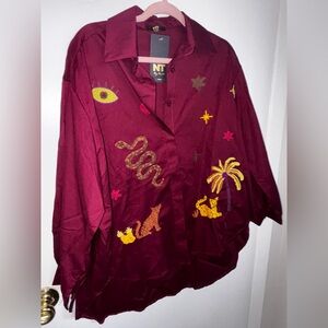 Embroidered Burgundy Shirt with Colorful Designs